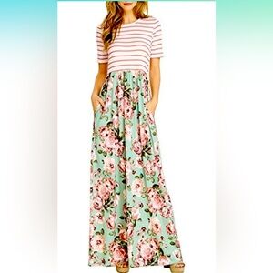 Striped Floral Print Summer Maxi Dress